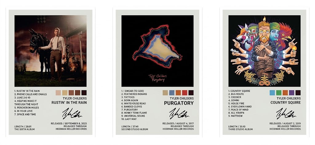Poster print: Tyler Childers set of three album posters showing Purgatory, Country Squire, and Rustin’ in the Rain designs side by side.