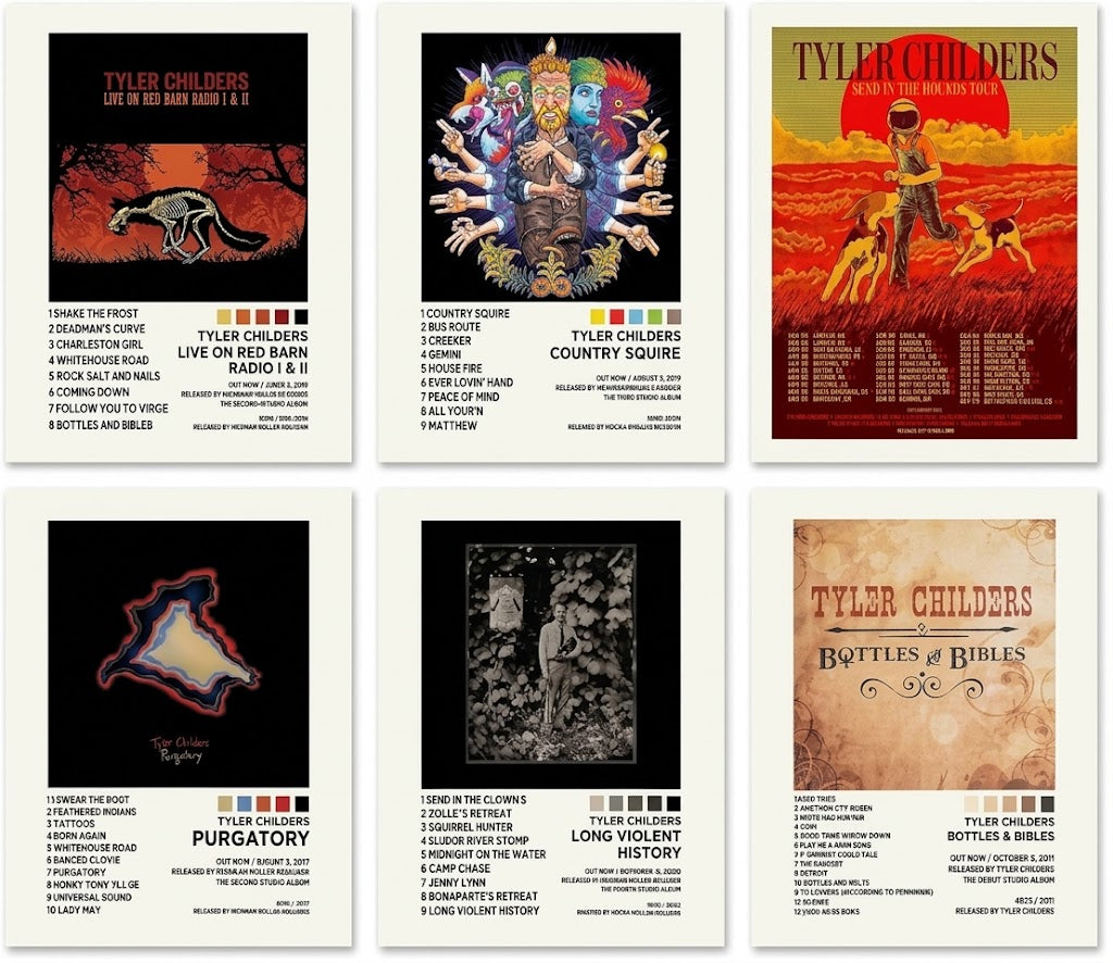 Tyler Childers poster set overview showing six portrait release designs with album artwork, track lists and earthy vintage-inspired typography.