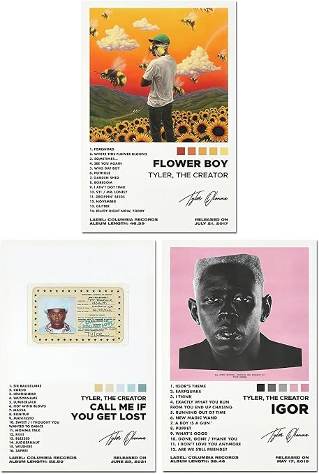 Tyler, The Creator album art poster set overview showing Flower Boy, Call Me If You Get Lost, and Igor designs in a three-piece layout.