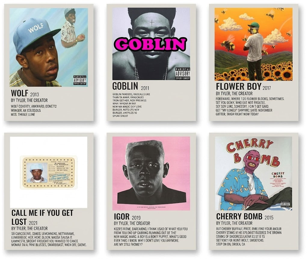 Overview of a Tyler, The Creator album covers poster set of six, arranged in a 3-by-2 grid with colorful vertical designs and bold typography.