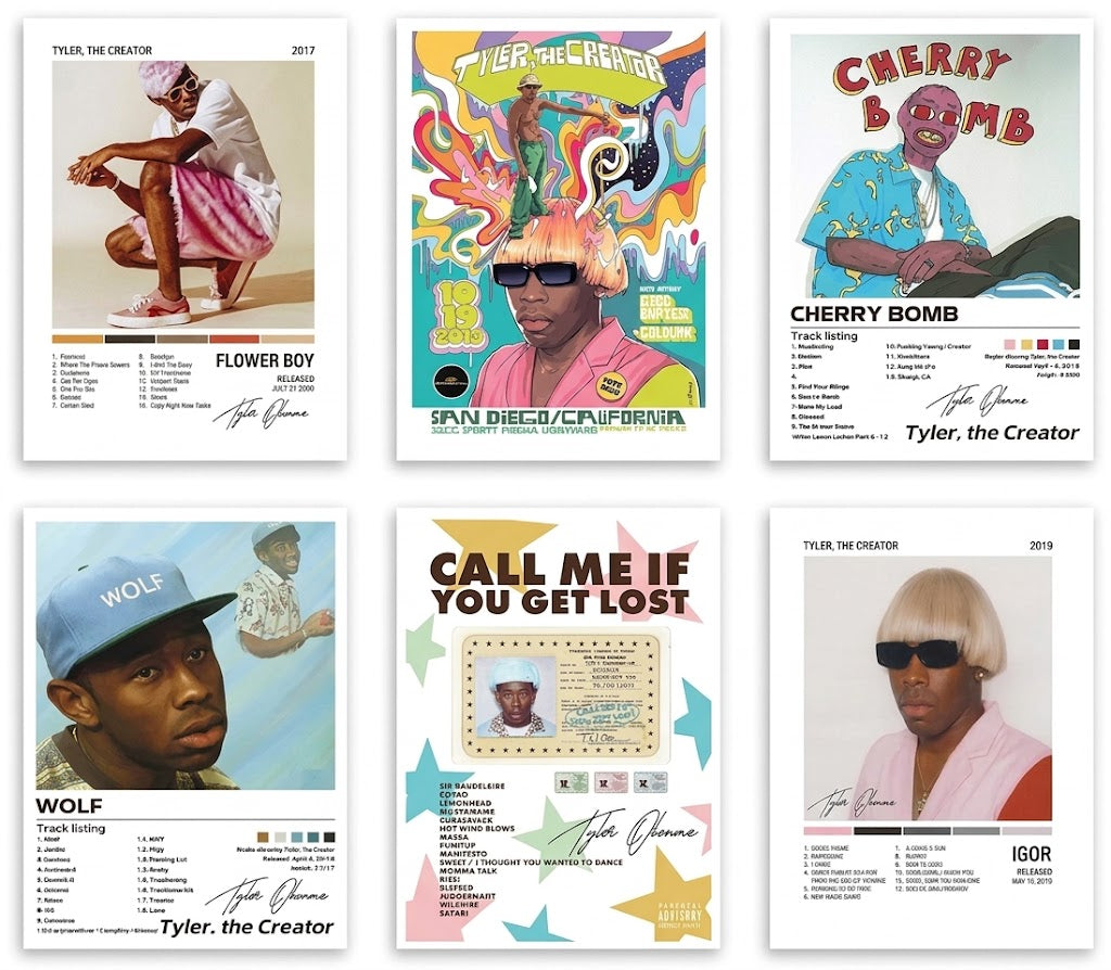 Overview of Tyler, the Creator Set of 6 poster collection with five album-era portrait layouts and a colorful San Diego illustration.