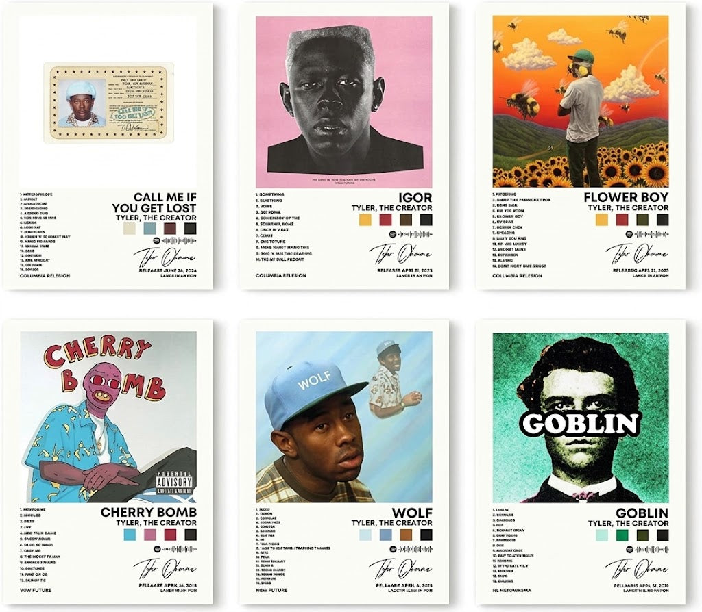 Tyler, The Creator set of 6 poster overview showing six vertical album-inspired designs with cover artwork and white typographic footers.