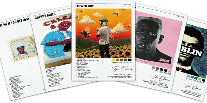 Tyler, the Creator poster set overview showing five overlapping portrait album-art-inspired prints for Goblin, Cherry Bomb, Flower Boy, IGOR and CALL ME IF YOU GET LOST.