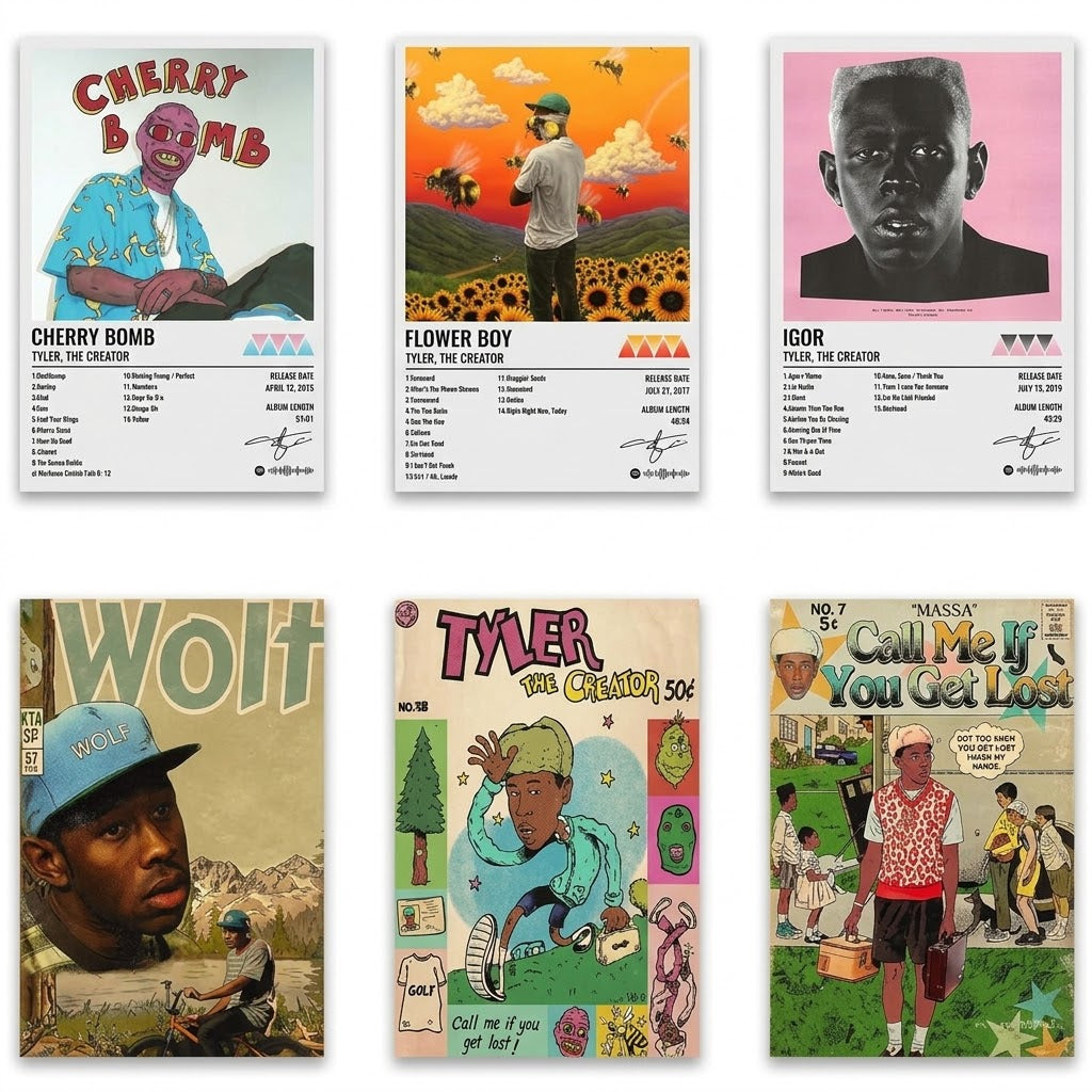 Poster set overview showing five Tyler, The Creator music-themed designs with portraits, comic panels, colorful typography and retro album-style layouts.