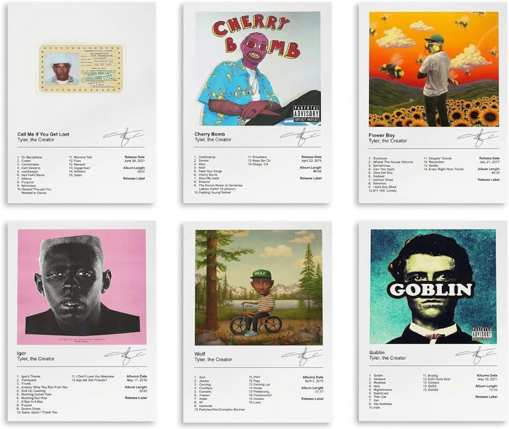Tyler, The Creator six-album poster set overview showing Call Me If You Get Lost, Cherry Bomb, Flower Boy, Igor, Wolf and Goblin designs.