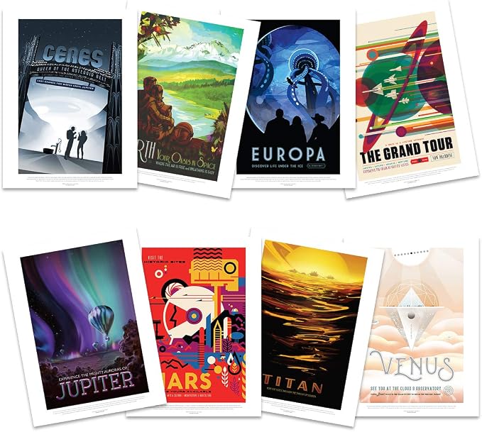 Visions of the Future poster set overview showing eight retro space-tourism designs for Ceres, Earth, Europa, Jupiter, Mars, Titan and Venus.