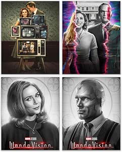 WandaVision poster set overview showing four portrait designs: a couple with vintage TVs, a glitch portrait, and two monochrome character portraits.