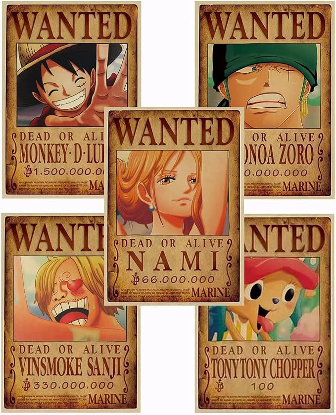 Poster set overview showing five overlapping sepia wanted bounty designs with anime-style pirate character portraits and aged parchment details.