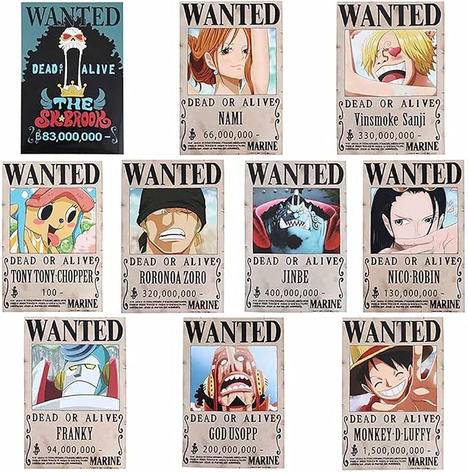 Poster set overview showing ten individual faux-aged WANTED anime character portrait posters with bounty text on a white background.