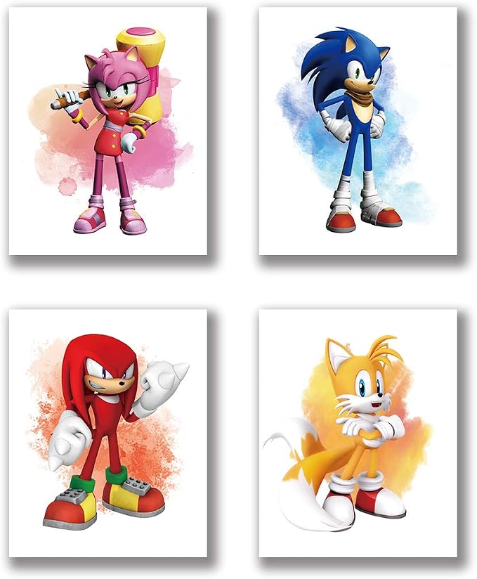 Poster set overview showing visible white character designs with a pink hedgehog, blue hedgehog, red echidna, and yellow two-tailed fox.