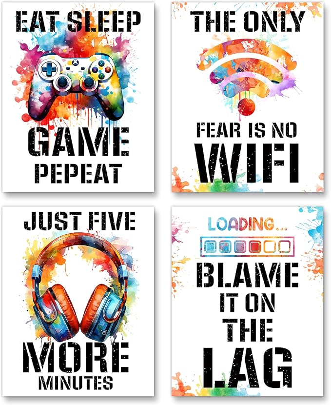 Poster set overview showing four white gaming motivation posters with watercolor controller, WiFi icon, headphones, and loading bar designs.