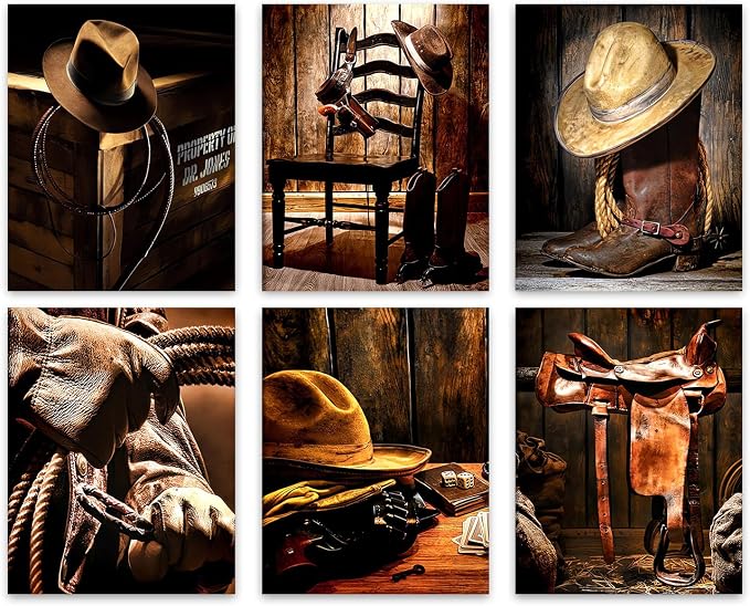 Poster print: Overview of six western still-life posters with cowboy hats, boots, saddles, ropes and ranch gear arranged in dark wood settings.