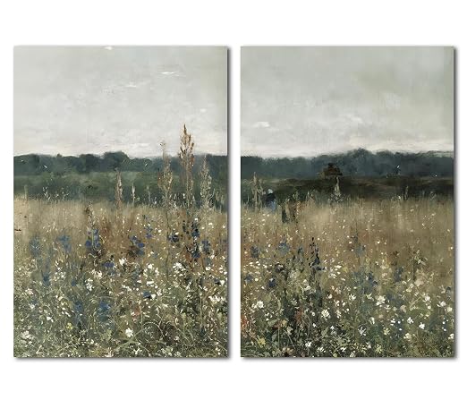 Wildflower meadow poster set of two portrait landscapes with textured blooms, cloudy skies, and a small grazing animal on the right.