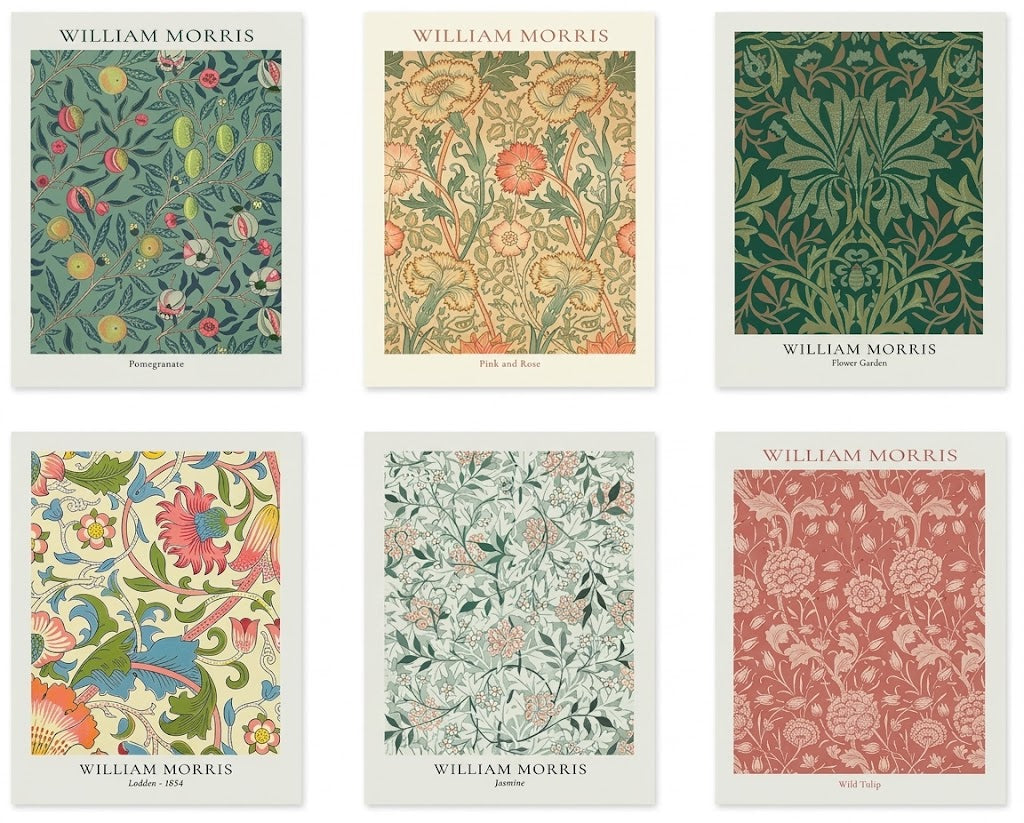 Poster print: Overview of six William Morris botanical pattern posters, showing portrait floral, vine and fruit designs in a 3-by-2 arrangement.