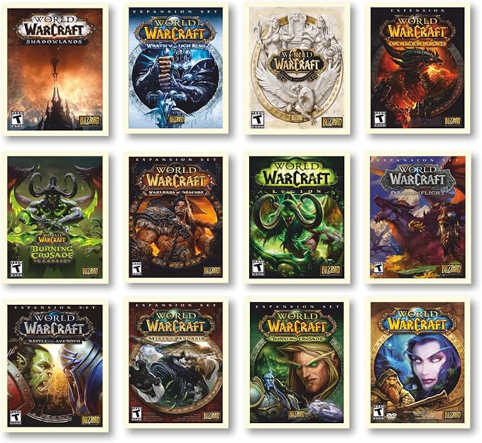 World of Warcraft poster set overview showing 12 separate portrait cover-art designs with logos, heroes, dragons, monsters, and fantasy scenes.