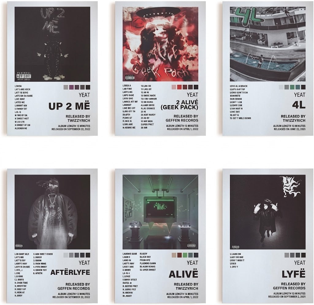 Yeat album cover poster set of six, shown together with dark cover imagery, track lists and bold release typography.