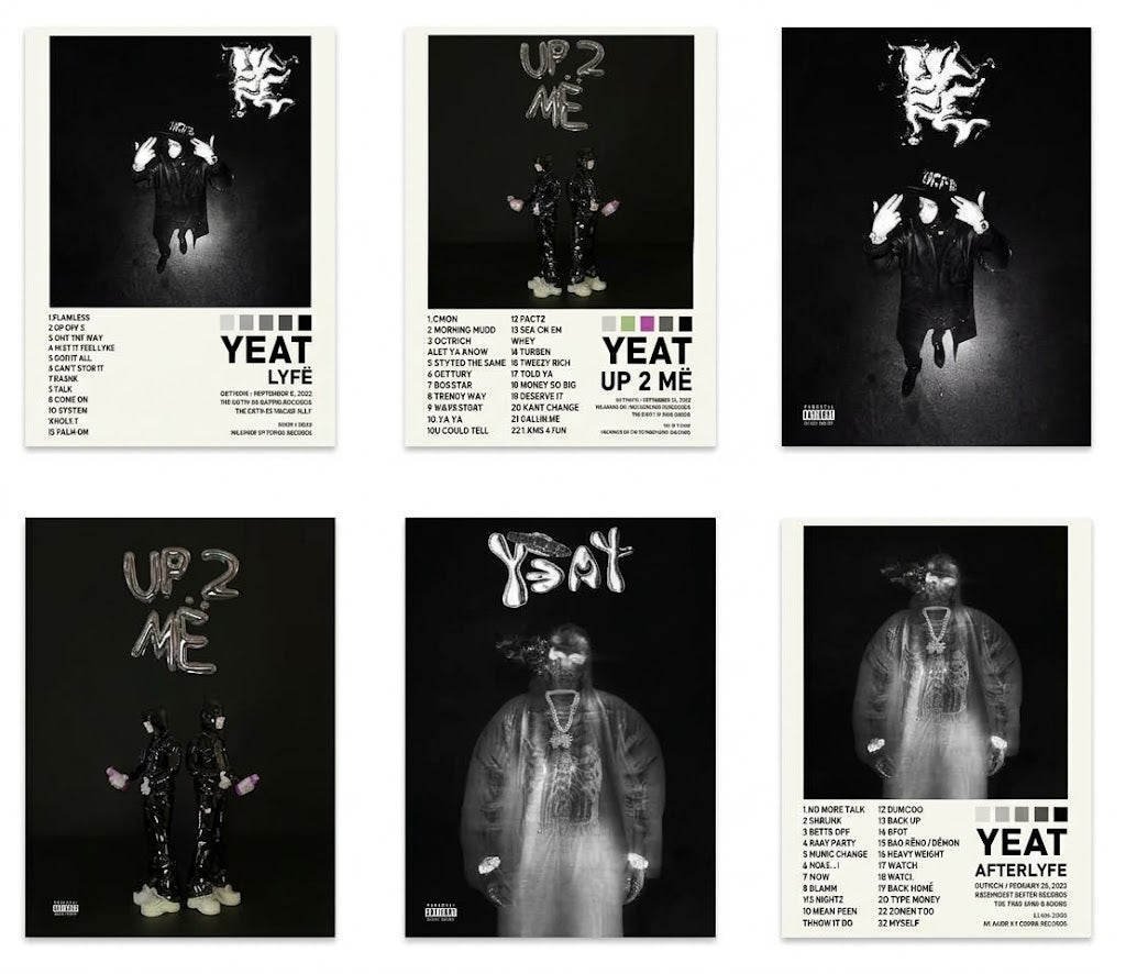 Yeat Up 2 Më and 2 Alivë set of six poster designs with dark distorted portraits, tracklist panels, and bold black-and-white typography.
