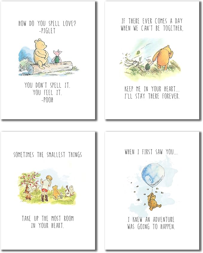Poster print: Set of four yellow bear friendship quote posters with watercolor animal friends, black text, white backgrounds, and soft storybook colors.