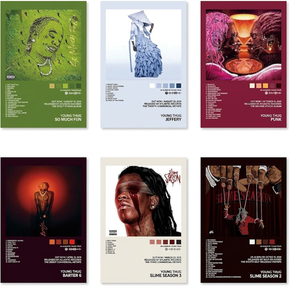 Young Thug poster set overview showing six portrait album-cover designs with tracklists, color swatches and bold release titles.