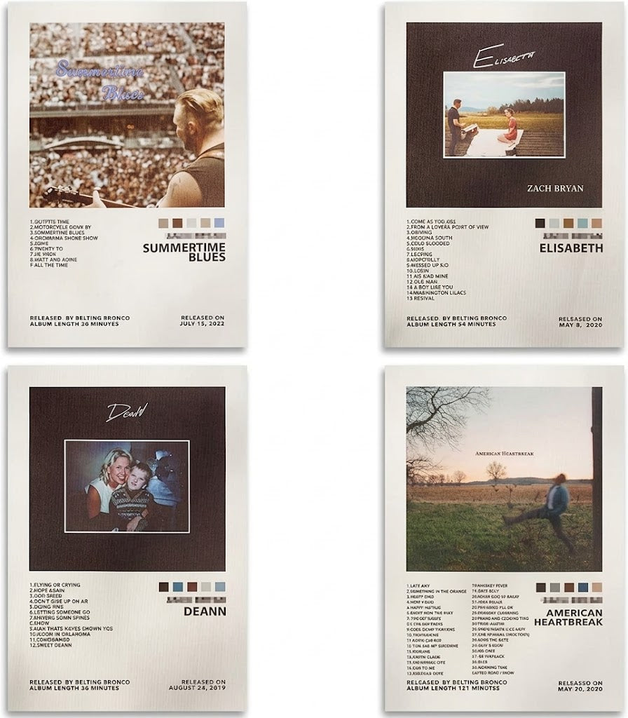 Zach Bryan poster set overview showing four cream-margin album designs for DeAnn, Elisabeth, American Heartbreak, and Summertime Blues.