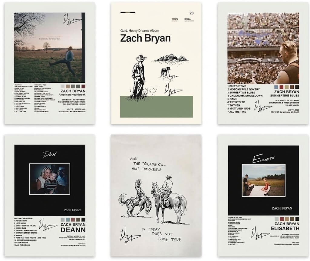 Zach Bryan poster set overview showing six vertical album-inspired designs with rural photos, concert imagery, and cowboy illustrations.